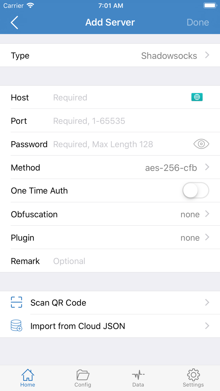 Official Shadowrocket Add Server screenshot showing Type, Host, Port, Password, Method, and options such as Scan QR Code